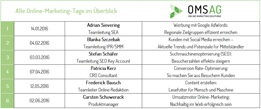 Überblick aller Online-Marketing-Events der OMSAG zwischen Januar und Juni 2016
