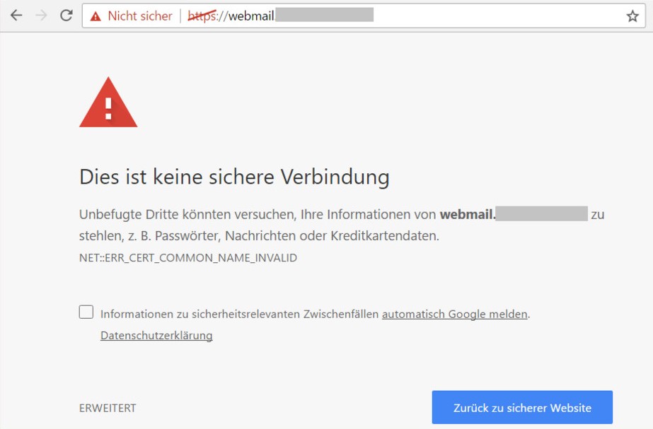 Abbildung einer Browsermeldung zu einer nicht sicheren SSL-Verbindung