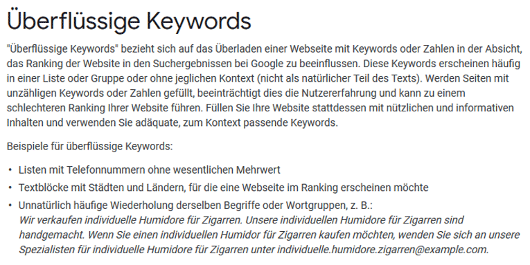Google Aussage zur Verwendung von überflüssigen Keywords im Content bei der Optimierung einer Website