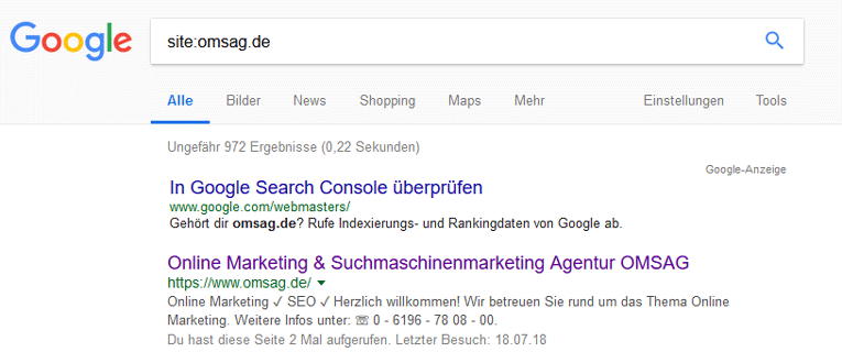 Site Abfrage bei Google mit dem Domainnamen: omsag.de