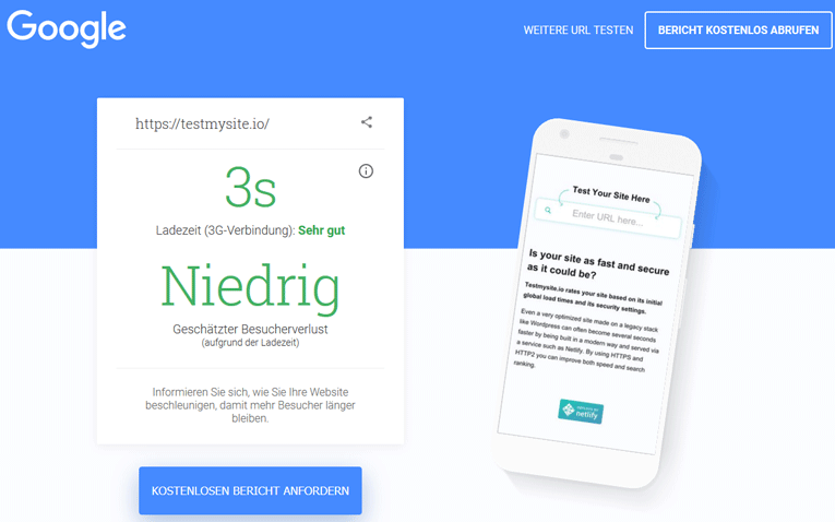 Google Page Speed Test von testmysite.io in 3 Sekunden