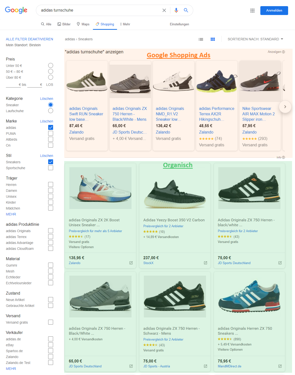 Abbildung 1: Neue Google Shopping Ansicht mit organischen Produkteinträgen (Screenshot)