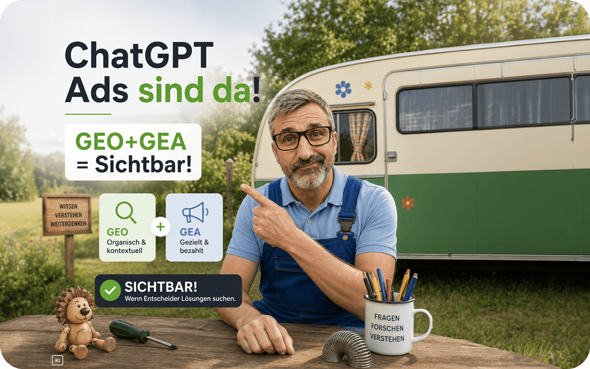 Illustration einer ChatGPT-Unterhaltung mit kontextbezogener B2B-Anzeige im OMSAG-Stil