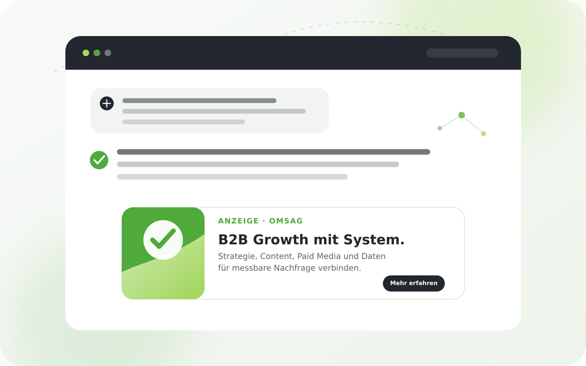 Illustration einer ChatGPT-Unterhaltung mit kontextbezogener B2B-Anzeige im OMSAG-Stil