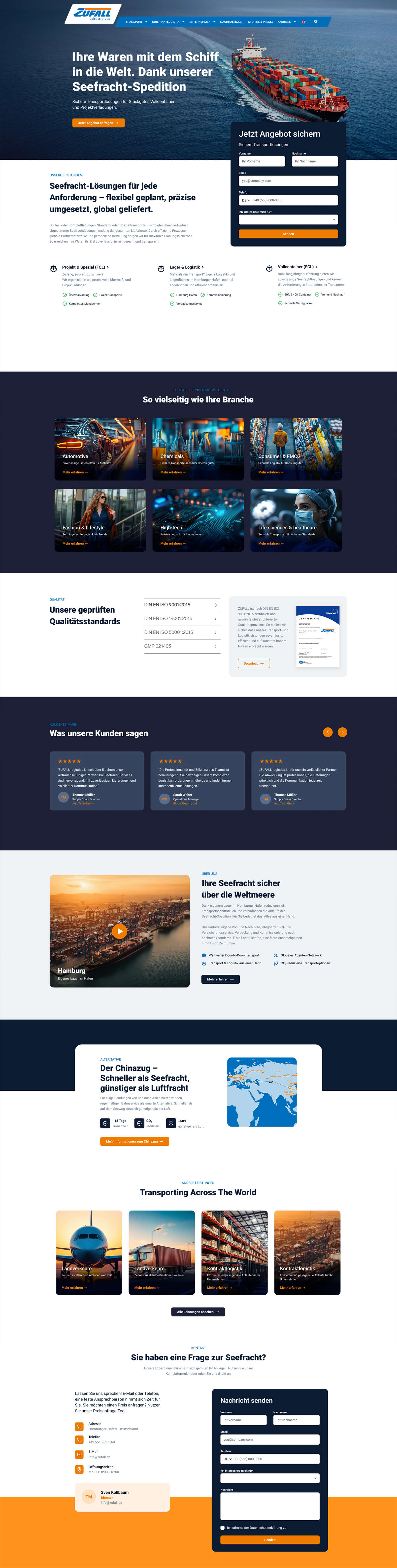 Landingpage für Seefracht der ZUFALL logistics group