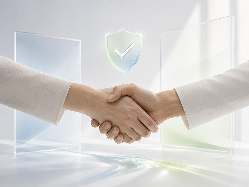 Handschlag vor einem Schutzschild als Symbol für Create Demand & Trust